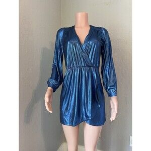 Honey Punch That's a Wrap Dress Womens Small METALLIC Blue Print Mini NWT #193